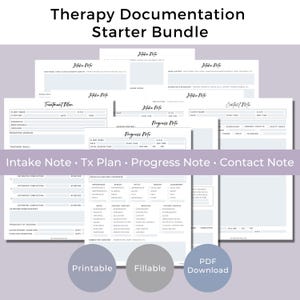 Pode incluir: Um pacote inicial de documentação de terapia com formulários imprimíveis brancos e texto preto. Inclui modelos de notas de admissão, planos de tratamento, notas de progresso e notas de contato com campos para dados do cliente e observações.