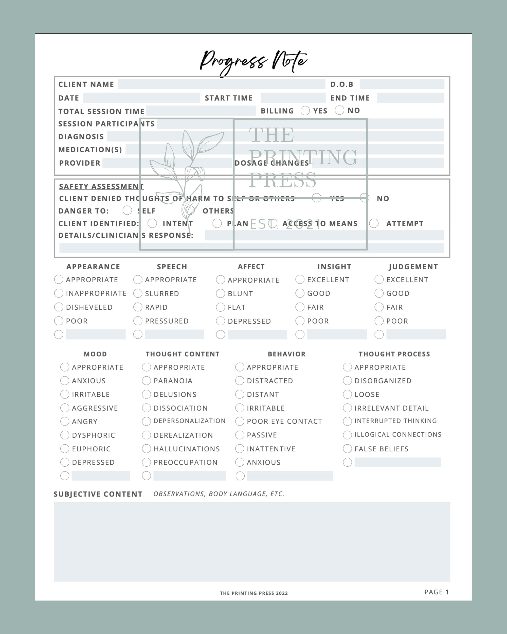 Therapy Progress Note Template, Fillable Counseling Form (PDF File) - Etsy