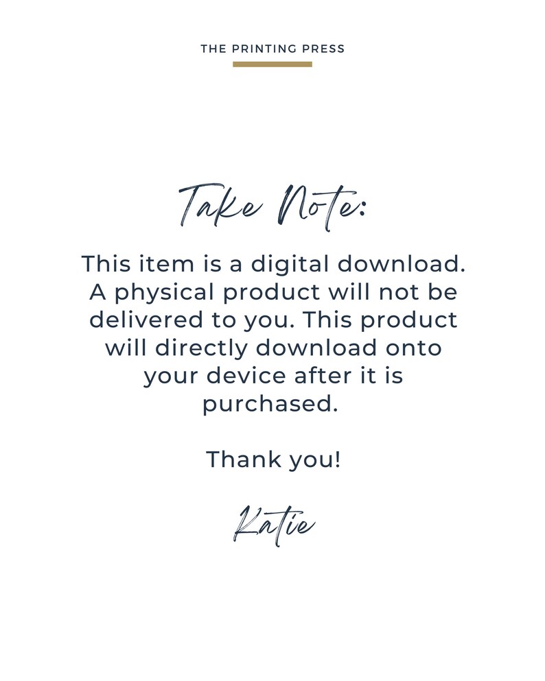 May include: Text on a white background that reads "Take Note:" This item is a digital download. A physical product will not be delivered to you. This product will directly download onto your device after it is purchased. Thank you! Katie