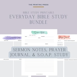 May include: Printable Bible study bundle with a light blue and green watercolor design for sermon notes, a pink watercolor design for a prayer journal, and a purple watercolor design for a S.O.A.P. Bible study.