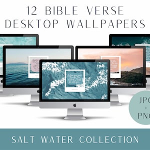 May include: Twelve desktop wallpapers featuring ocean scenes with inspirational Bible verses. The wallpapers are in a light blue, teal, and pink color scheme. The text on the wallpapers is in a white, cursive font. The wallpapers are available in JPG and PNG formats.