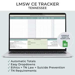 Op de afbeelding: Een laptopscherm toont een Google Sheets-sjabloon voor het bijhouden van LMSW-nascholingsuren in Tennessee. Het spreadsheet bevat kolommen voor trainingstitels, presentatoren, formaten en uren.