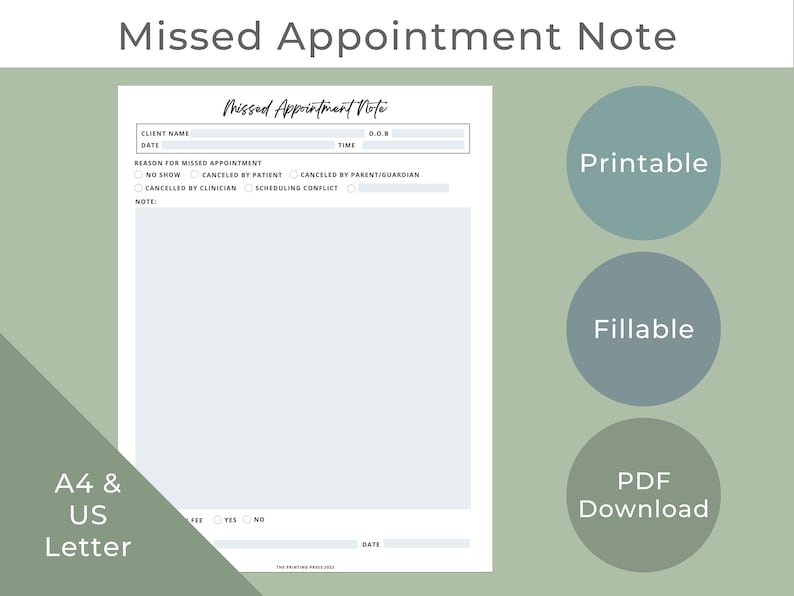 Therapy Missed Appointment Note, Fillable & Printable Template, Therapy