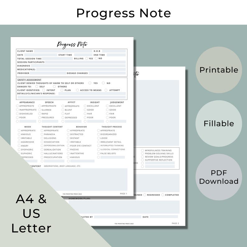 Client Progress Notes Form Therapy Progress Note Template, Fillable Counseling Form (PDF File) - Etsy