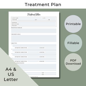 Therapy Treatment Plan Template, Fillable Counseling Notes (PDF Download)