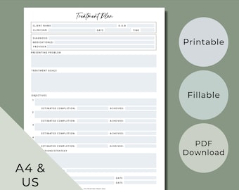 Therapy Treatment Plan Template, Fillable Counseling Notes (PDF Download)