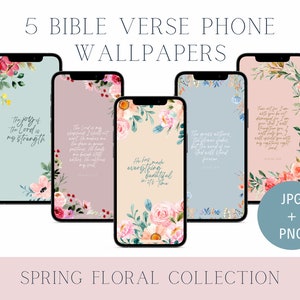 Può includere: Cinque sfondi per telefono con motivi floreali e versetti biblici. I versetti sono: "La gioia del Signore è la mia forza", "Il Signore è il mio pastore: non manco di nulla", "Ha fatto ogni cosa bella a suo tempo", "L'erba si secca, il fiore appassisce, ma la parola del nostro Dio rimane in eterno", e "Confida nel Signore con tutto il tuo cuore e non appoggiarti alla tua intelligenza; riconoscilo in tutte le tue vie, ed egli appianerà i tuoi sentieri."