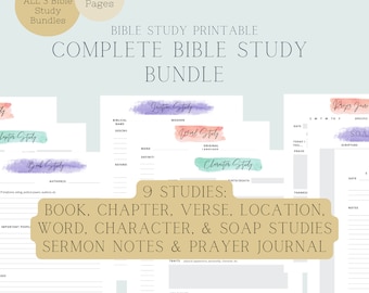 May include: A printable Bible study bundle with 9 different study pages. The pages are designed with watercolor backgrounds in shades of purple, pink, blue, and green. The pages include sections for book, chapter, verse, location, word, character, SOAP studies, sermon notes, and prayer journal.