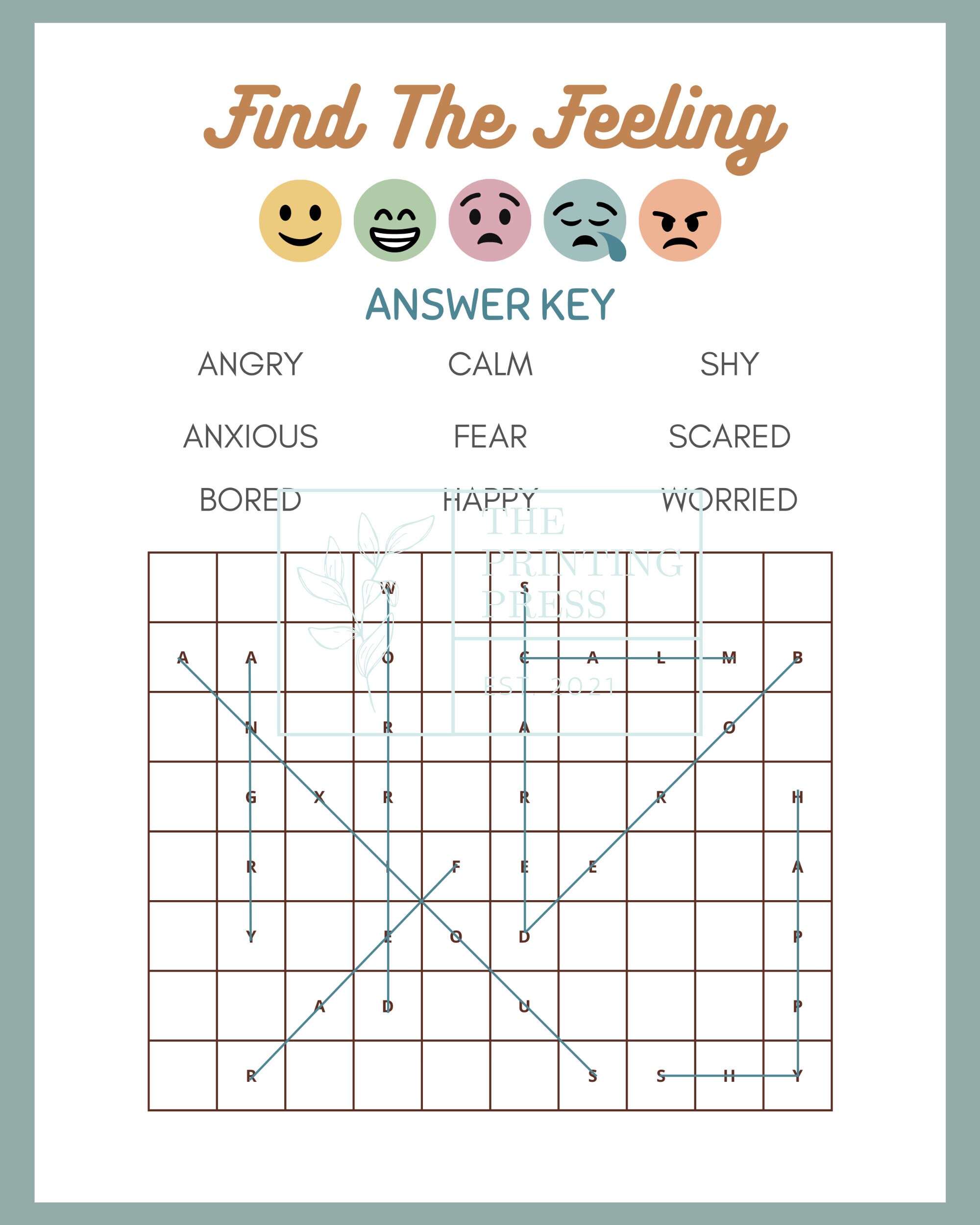 Feelings Word Search Printable PDF, Therapy Printable Worksheets, Child ...