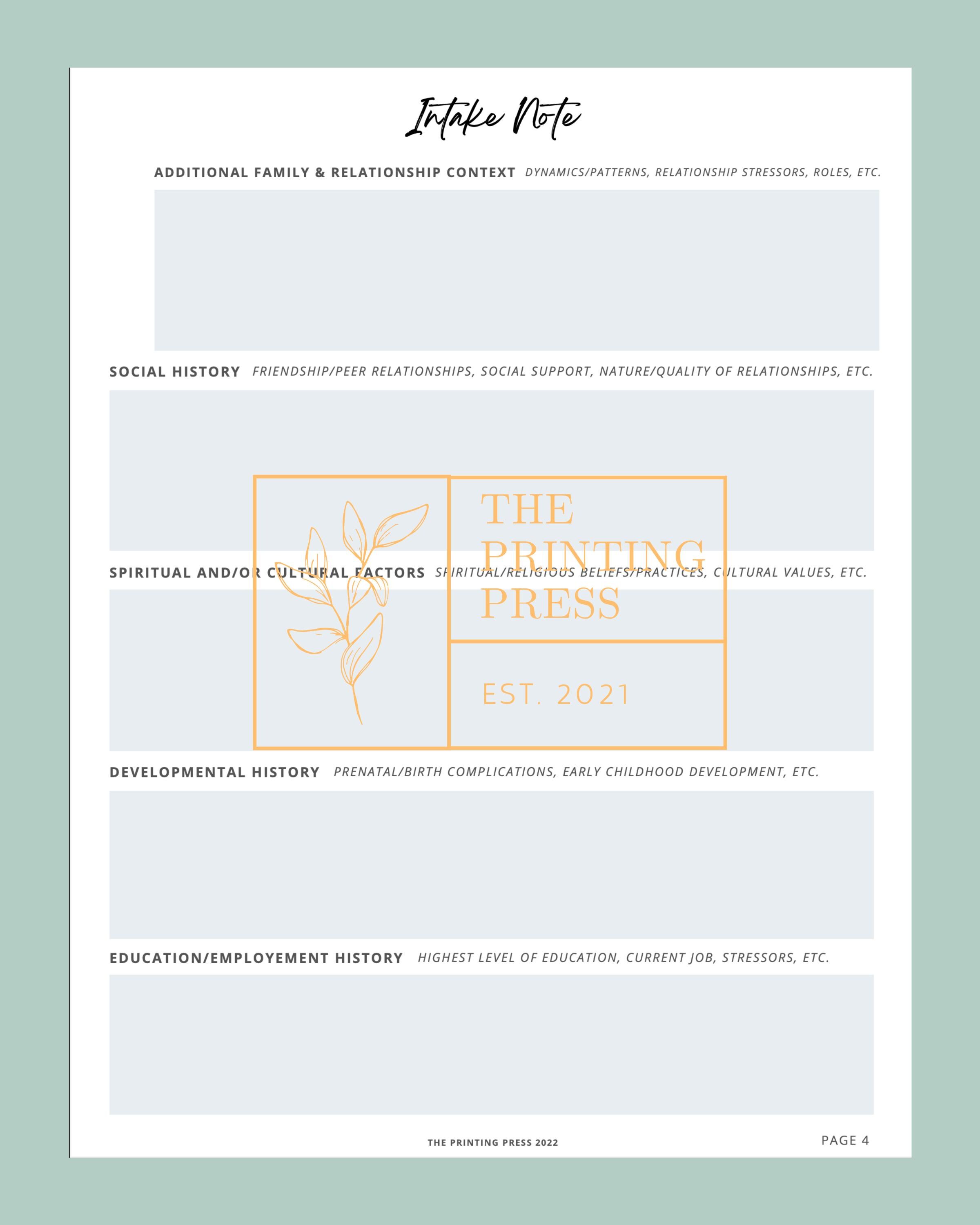 Fillable Therapy Intake Note Template, Counseling Form (PDF Download ...