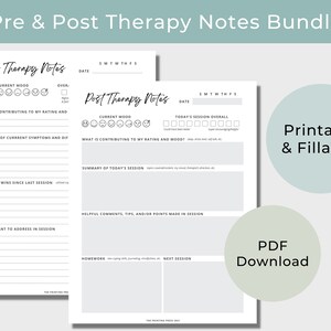 May include: Printable pre and post therapy notes bundle. Two pages with sections for rating mood, summarizing symptoms, and listing helpful comments. The pages are light blue with black text.