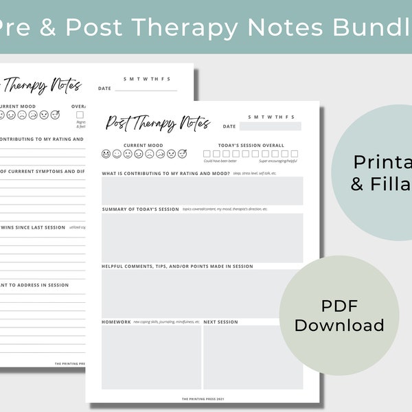 Pre Therapy Notes & Post Therapy Notes Bundle, Digital Therapy Notes, Fillable Therapy Notes, Mental Health Journal Printable, Mood Check In