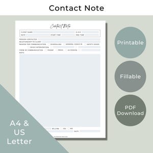 Therapy Contact Note Template, Fillable PDF (Digital Download)