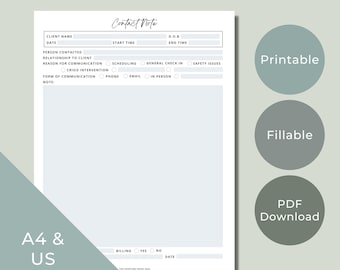 Therapy Contact Note Template, Fillable PDF (Digital Download)