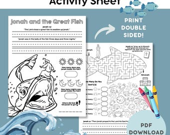 May include: A printable activity sheet titled "Jonah and the Great Fish" with illustrations and text. The sheet includes a maze, coloring areas, and fill-in-the-blank questions. The words "Print Double Sided!" and "PDF Download" are also visible.