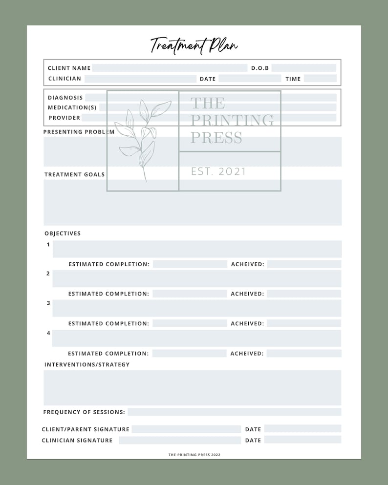 Therapy Treatment Plan Template, Fillable Counseling Notes (PDF ...