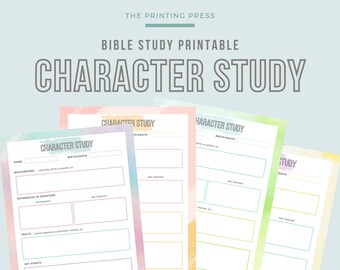 May include: A stack of Bible study printable sheets with the title "Character Study". The sheets have a watercolor design in pastel colors. The text includes sections for name, background, references in scripture, traits, and key events.