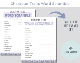 Word Scramble Game, Character Traits, Social Emotional Activity Printable, Mental Health Counseling Printable, Instant Download, PDF file