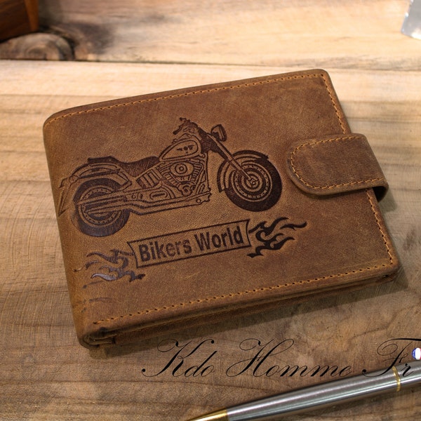 Portefeuille Motard cuir Marron | Portefeuille avec porte-monnaie et porte carte Homme | cadeau motard original | Porte feuille moto cadeau