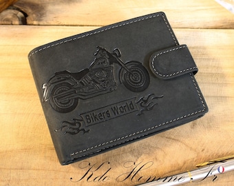 Portefeuille homme Motard cuir noir | Portefeuille avec porte-monnaie porte carte Homme | cadeau motard original papa | Porte feuille moto