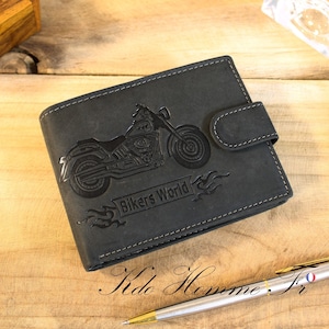 Portefeuille homme Motard cuir noir | Portefeuille avec porte-monnaie porte carte Homme | cadeau motard original papa | Porte feuille moto