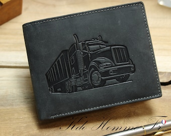 Portefeuille cuir noir camion | Portefeuille avec porte-monnaie et porte carte Homme | cadeau pour papa routier | Porte-feuille camion cuir