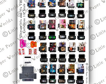 May include: A printable sheet featuring miniature 1:12 scale paper crafts of 80s and 90s VHS tapes, movie cases, and candy boxes. The sheet includes text reading Ultimate 80s and 90s VHS Collection 1:12 Scale, Little Paper Worlds, and Example Only.
