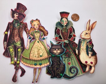 Folky Magical Alice in Wonderland DIY Articulated Paper Dolls for Gothic Dollhouse 1:12 Scale