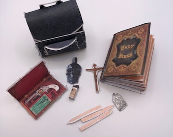 Printable Dollhouse Monster Hunter Kit, Essential Vampire Supplies, Holy Bible with Hidden Compartment, 1:12 Scale