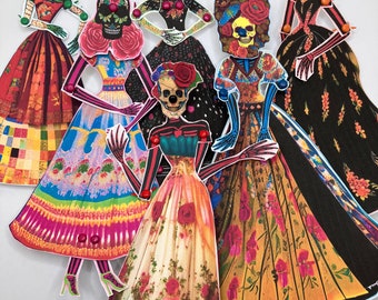 1:12 Scale Mexican Folk Art Style Articulated Paper Art Dolls in Gorgeous Gowns with Sugar Skulls Total of Six
