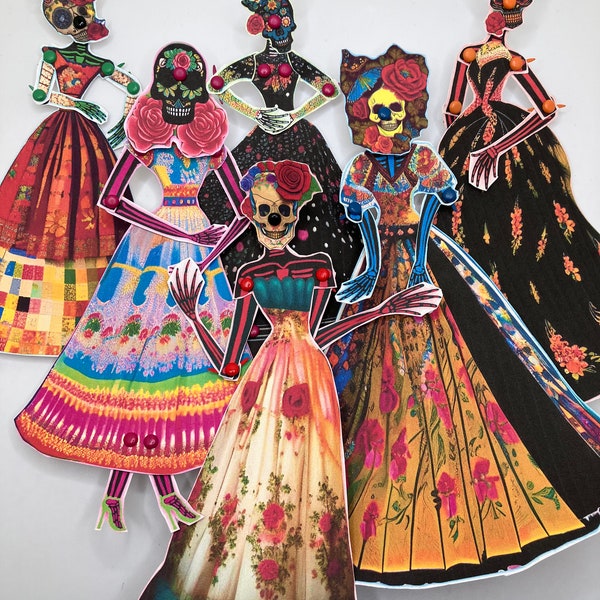 1:12 Scale Mexican Folk Art Style Articulated Paper Art Dolls in Gorgeous Gowns with Sugar Skulls Total of Six