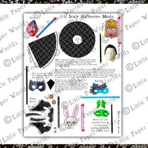 Op de afbeelding: Een 1:12 schaal Halloween masker knutselvel getiteld Little Paper Worlds. De pagina bevat gedrukte uitsnijontwerpen voor een clown, prinses, Michael Myers, pestmeester, vlinder, konijn en heksenmasker, samen met instructies voor de montage.
