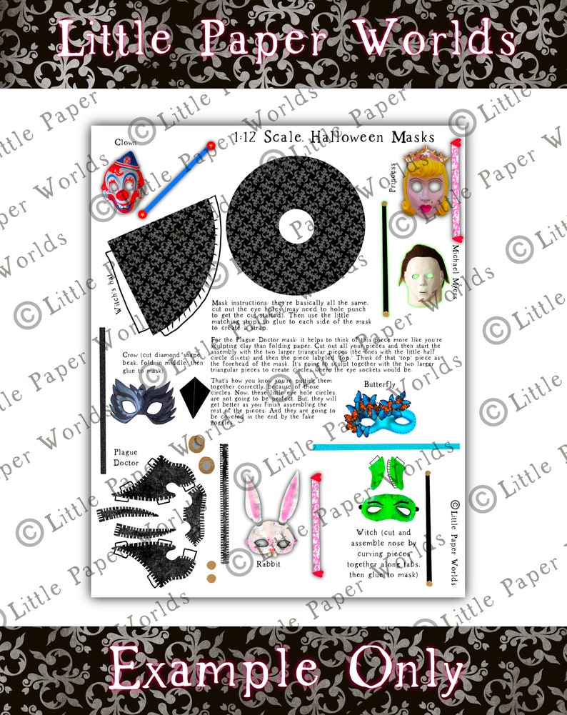 Op de afbeelding: Een 1:12 schaal Halloween masker knutselvel getiteld Little Paper Worlds. De pagina bevat gedrukte uitsnijontwerpen voor een clown, prinses, Michael Myers, pestmeester, vlinder, konijn en heksenmasker, samen met instructies voor de montage.