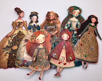 DIY Folky Fairy Tale Princess Dolls, 8 Articulated Paper Art Dolls, Digital Download, for Witch's Dollhouse 1:12 Scale