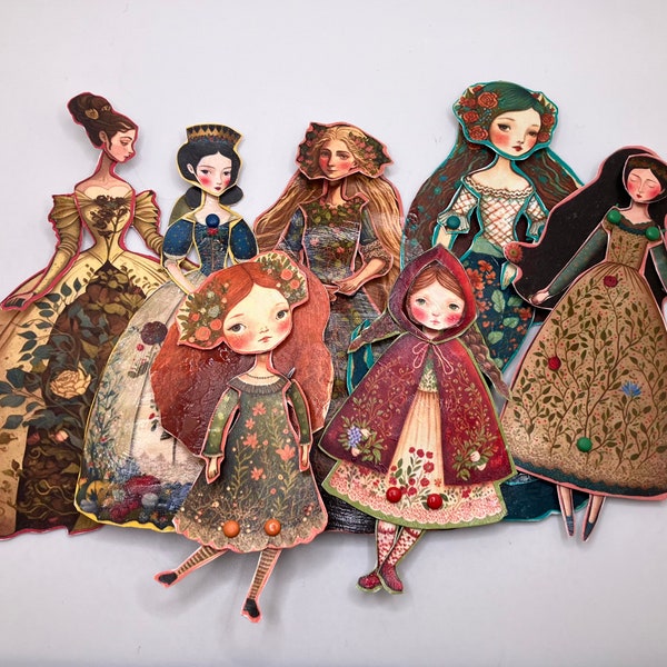 DIY Folky Fairy Tale Princess Dolls, 8 Articulated Paper Art Dolls, Digital Download, for Witch's Dollhouse 1:12 Scale
