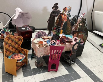 1:12 Scale Gothic Haunted Tea Party Set with Dolls for Gothic Dollhouse Digital Download, Paper Miniatures, DIY