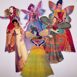 1:12 Scale Articulated Paper Art Dolls with Beautiful Fairy Gowns and Wings, Six Total