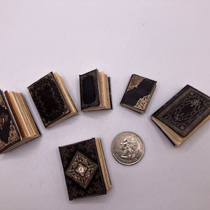 Op de afbeelding: Zes miniatuurboeken met zwarte kaften en goudkleurige decoratieve details, met zichtbare pagina's. Een Amerikaanse kwart dollar munt is naast de boeken geplaatst om een schaalvergelijking te geven voor deze kleine, gedetailleerde voorwerpen.