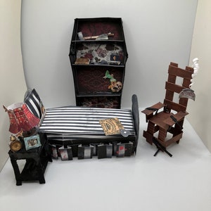 Gothic Child’s Bedroom Furniture for 1:12 Scale Dollhouse, Coffin Bed, Coffin Shelf, Electric Chair