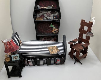 Gothic Child’s Bedroom Furniture for 1:12 Scale Dollhouse, Coffin Bed, Coffin Shelf, Electric Chair