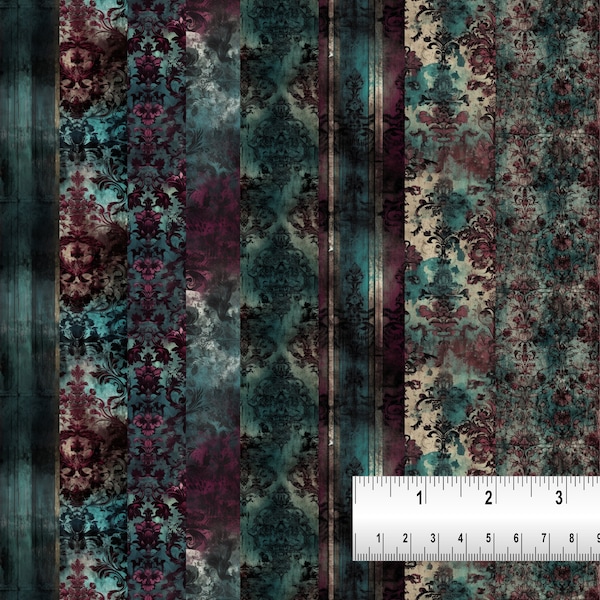 DIY Printable Black Burgundy and Teal Dark Academia Gothic 1:12 Scale Wallpaper Collection for Gothic, Haunted, Whimsigoth, Witchy Dollhouse