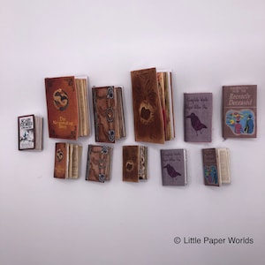 Op de afbeelding: Een verzameling miniatuurboeken met titels zoals Scary Stories to Tell in the Dark, The Neverending Story, Complete Works of Edgar Allan Poe en Handbook for the Recently Deceased, met gedetailleerde covers en zichtbare papieren pagina's.