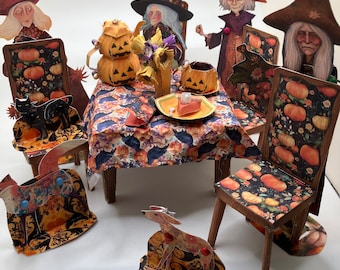 1:12 Scale Whimsical Witch Halloween Party with Paper Art Dolls and Pumpkin Tea Set for Gothic Dollhouse