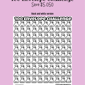 Op de afbeelding: Een zwart-witte printbare 100-envelop-uitdagingstabel. De tabel bevat 100 geldzakken met bedragen van € 1 tot € 100. De tabel bevat ruimte voor de startdatum, de einddatum en de reden voor het sparen. Het totale bedrag dat is gespaard is € 5.050.
