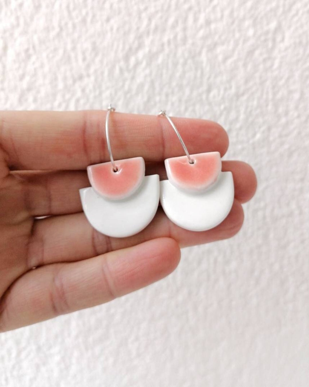 Handmade Pink And White Porcelain And Silver Earrings Semicircle Hoop 