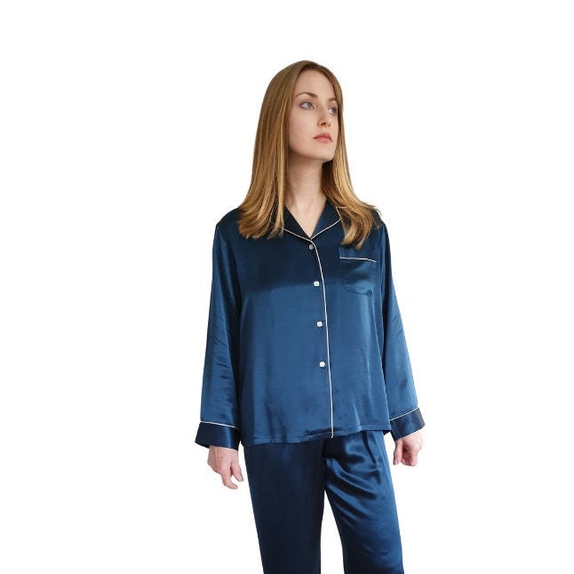 Personalised Satin Pyjamas, Navy Blue Floral Print Pjs, Birthday