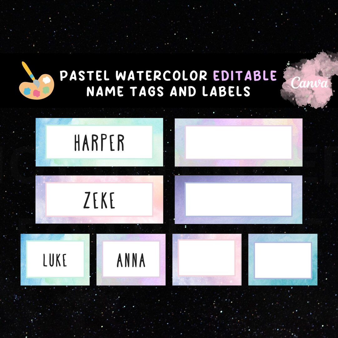 Pastel watercolor customizable name tags images canva template