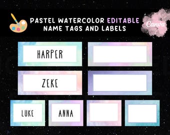 May include: Editable pastel watercolor name tags and labels with the names Harper, Zeke, Luke, and Anna. The labels have a soft, dreamy, and colorful design.