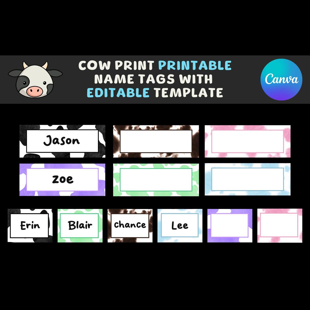 Cow print customizable name tags images canva template student