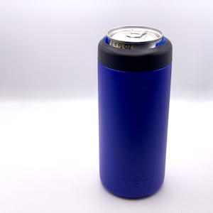 May include: A blue Yeti Rambler 12 oz. can cooler with a black lid. The can cooler is made of stainless steel and has a double-wall vacuum insulation to keep drinks cold or hot for hours.